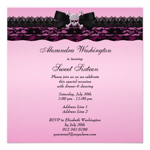 Funky Skull Black Printed Lace Pink Sweet 16 Personalized Invite