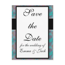 funky turquoise and magenta colorful damask post cards