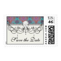 funky turquoise and magenta  damask.ai postage stamps