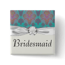 funky turquoise and magenta damask button