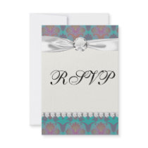 funky turquoise and magenta damask custom announcements