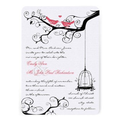 Funky Whimsical Love Birds Pink Wedding Invite