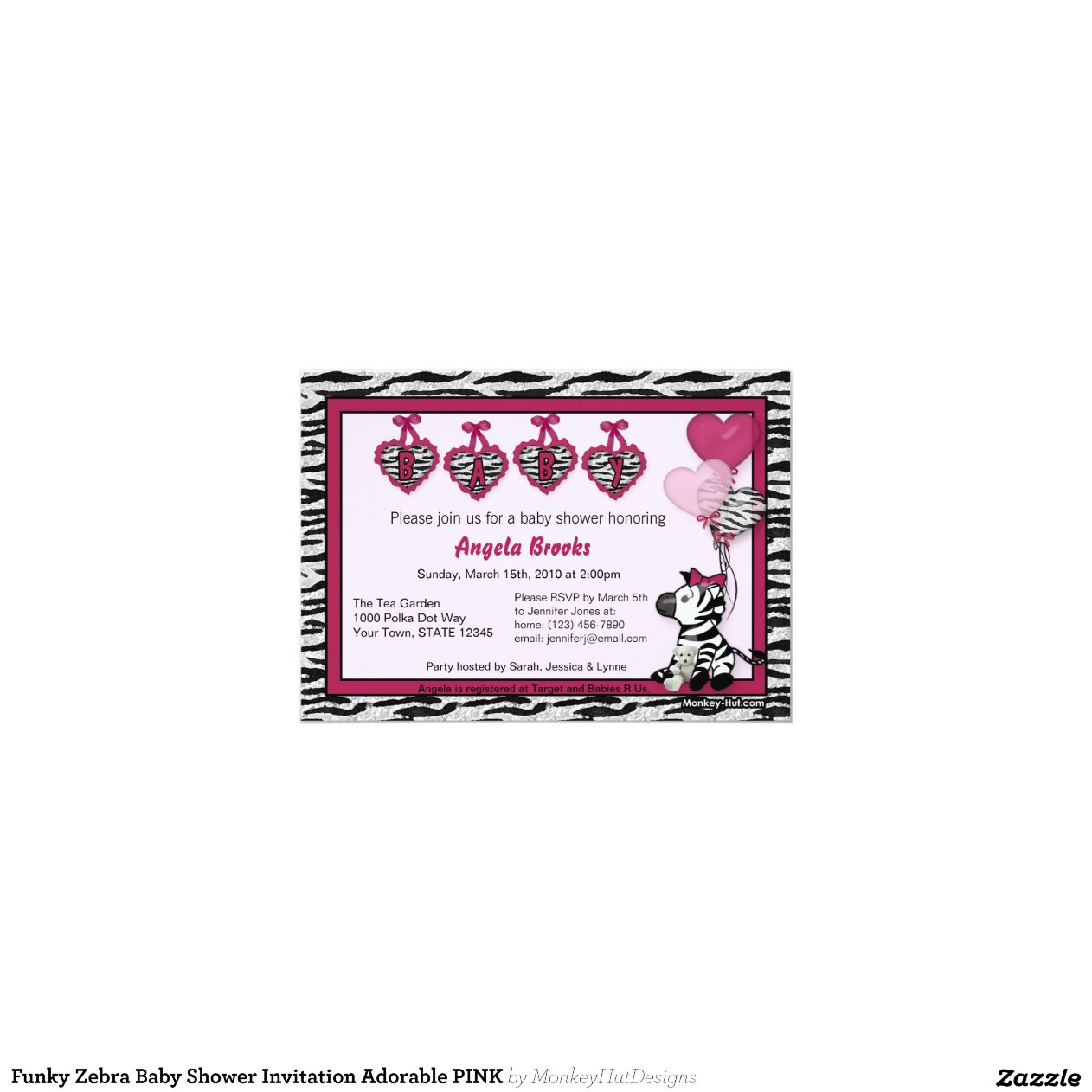 Funky Zebra Baby Shower Invitation Adorable PINK 5" X 7" Invitation Card | Zazzle
