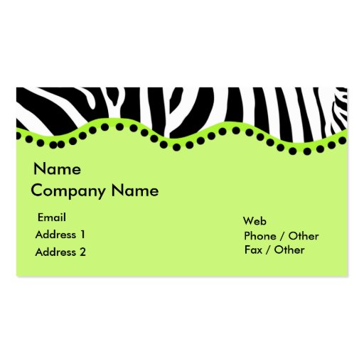Funky Zebra In Green Business Card (front side)