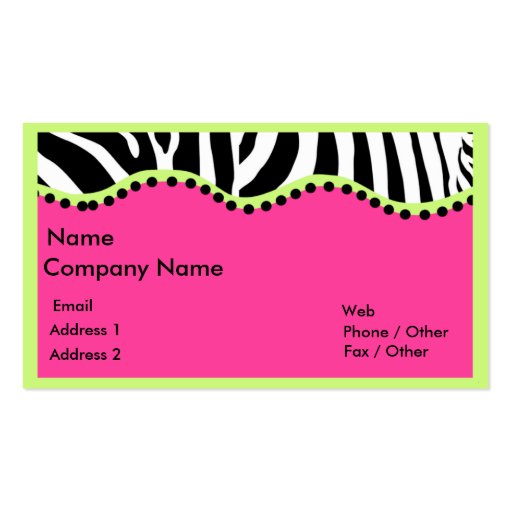 Funky Zebra With Neon Green Boarder Business Card Templates (front side)