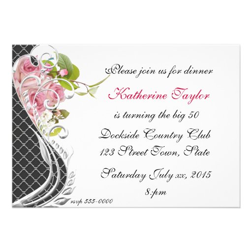 Funny 50th Birthday Invitation Elegant Pink Roses