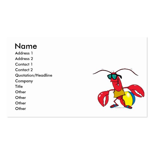 funny beach going  lobster cartoon business card templates (front side)