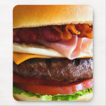 funny, big, burger, food, humor, bacon, hamburger, fast food, tomato, cool, meat, bread, salad, ham, fun, mousepad, Mouse pad with custom graphic design