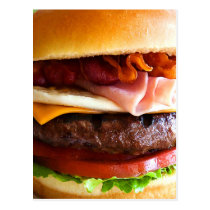 funny, big, burger, pop art, food, humor, bacon, hamburger, fast food, postcard, meat, bread, salad, ham, fun, cool, Cartão postal com design gráfico personalizado