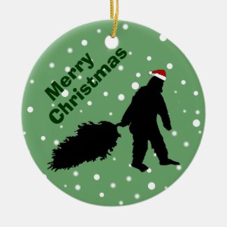 Funny Bigfoot Pulling Christmas Tree Ornament