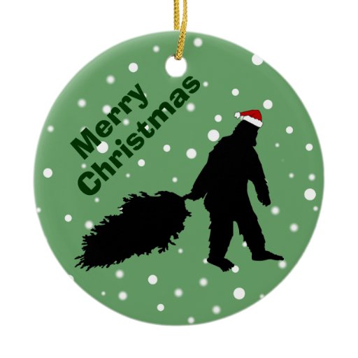 funny bigfoot pulling christmas tree ornament zazzle bigfoot christmas ornament