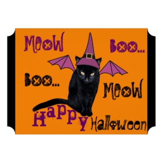 Funny Black Cat in a Witch Hat Halloween Invite