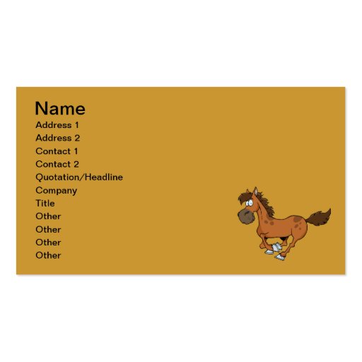 FUNNY BROWN CARTOON HORSE RUNNING GALLOPING BUSINESS CARD TEMPLATES (front side)