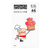 funny cartoon chef holding cake postage stamp