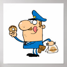 funny cartoon cop eating donuts posters