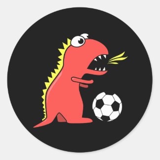 Funny Cartoon Dinosaur Playing Soccer Black