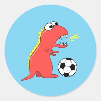 Funny Cartoon Dinosaur Playing Soccer