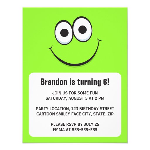 Funny cartoon green smiley face birthday invite