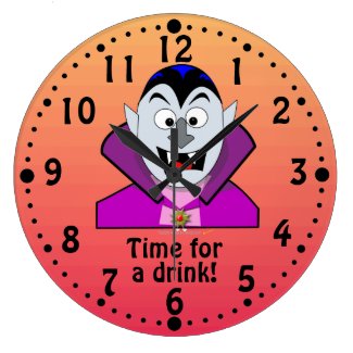 Funny Cartoon Vampire Time for a Drink Halloween Round Wallclocks