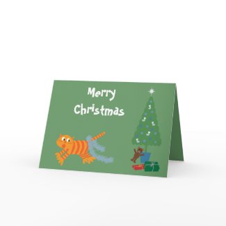 Funny Cat With Tinsel On Tail Green Christmas Card card