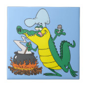 funny chef cooking gator alligator cartoon tile