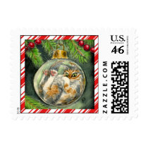 Funny Christmas cat with candy cane border Postage
