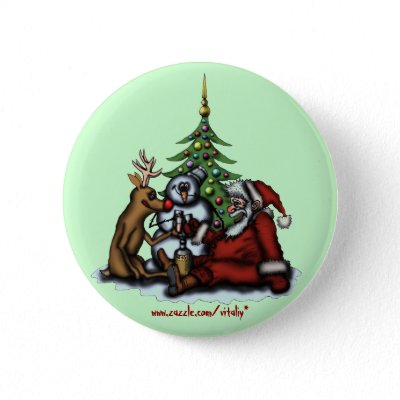 Funny Christmas drinking party cartoon art button by vitaliy
