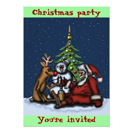 Funny Christmas party cartoon art invitation card (front side)