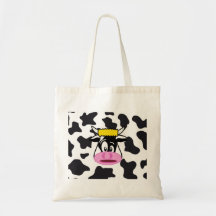 Funny Crazy Cow Bull on Dairy Cow Print Pattern Tote Bags