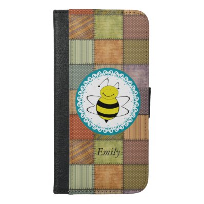 Funny Cute trendy girly bee patchwork monogram iPhone 6/6S Plus Wallet Case