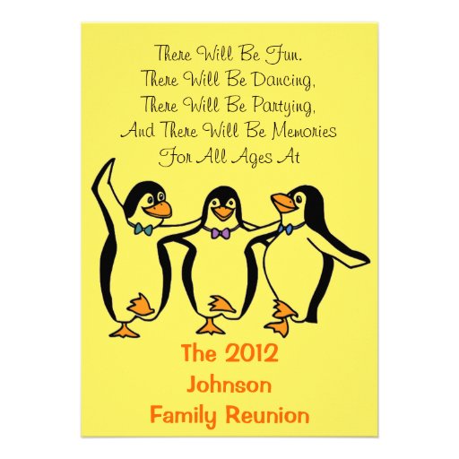 Funny Dancing Penguins Festive Family Reunion Cards (front side)
