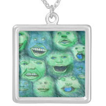 Funny Faces. Fun Cartoon Monsters. Green. Necklaces