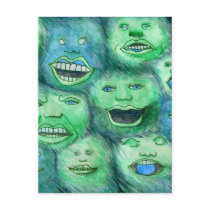 Funny Faces. Fun Cartoon Monsters. Green. Post Cards