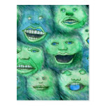 Funny Faces. Fun Cartoon Monsters. Green. Post Cards