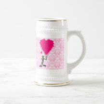 Funny frog cartoon & pink heart on damask coffee mugs