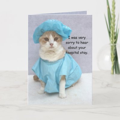 Funny Get Well Cards by myrtieshuman. Bubba Kitty in a hospital gown.