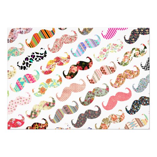 Funny Girly  Colorful Patterns Mustaches Personalized Invitation