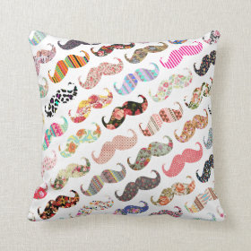 Funny Girly  Colorful Patterns Mustaches Throw Pillows