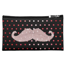 Funny Girly Pink Bling Mustache Polka Dots Pattern Cosmetic Bag