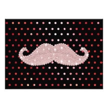 Funny Girly Pink Bling Mustache Polka Dots Pattern Invitation