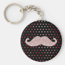Funny Girly Pink Bling Mustache Polka Dots Pattern Keychains