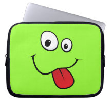 Funny goofy smiley sticking out his tongue, green computer sleeves