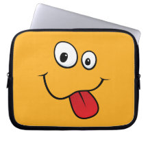 Funny goofy smiley sticking out his tongue, orange laptop sleeve