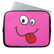 Funny goofy smiley sticking out his tongue, pink laptop sleeves