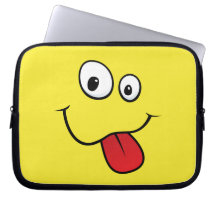 Funny goofy smiley sticking out his tongue, yellow laptop sleeves