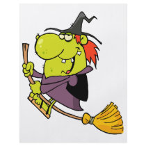 funny green witch riding broomstick on halloween flyers