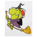 funny green witch riding broomstick on halloween flyers