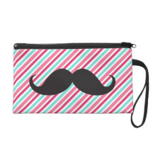 Funny handlebar mustache on pink aqua blue stripes wristlets