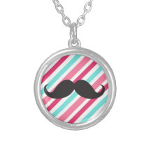 Funny handlebar mustache on pink aqua blue stripes personalized necklace