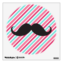 Funny handlebar mustache on pink aqua blue stripes room sticker